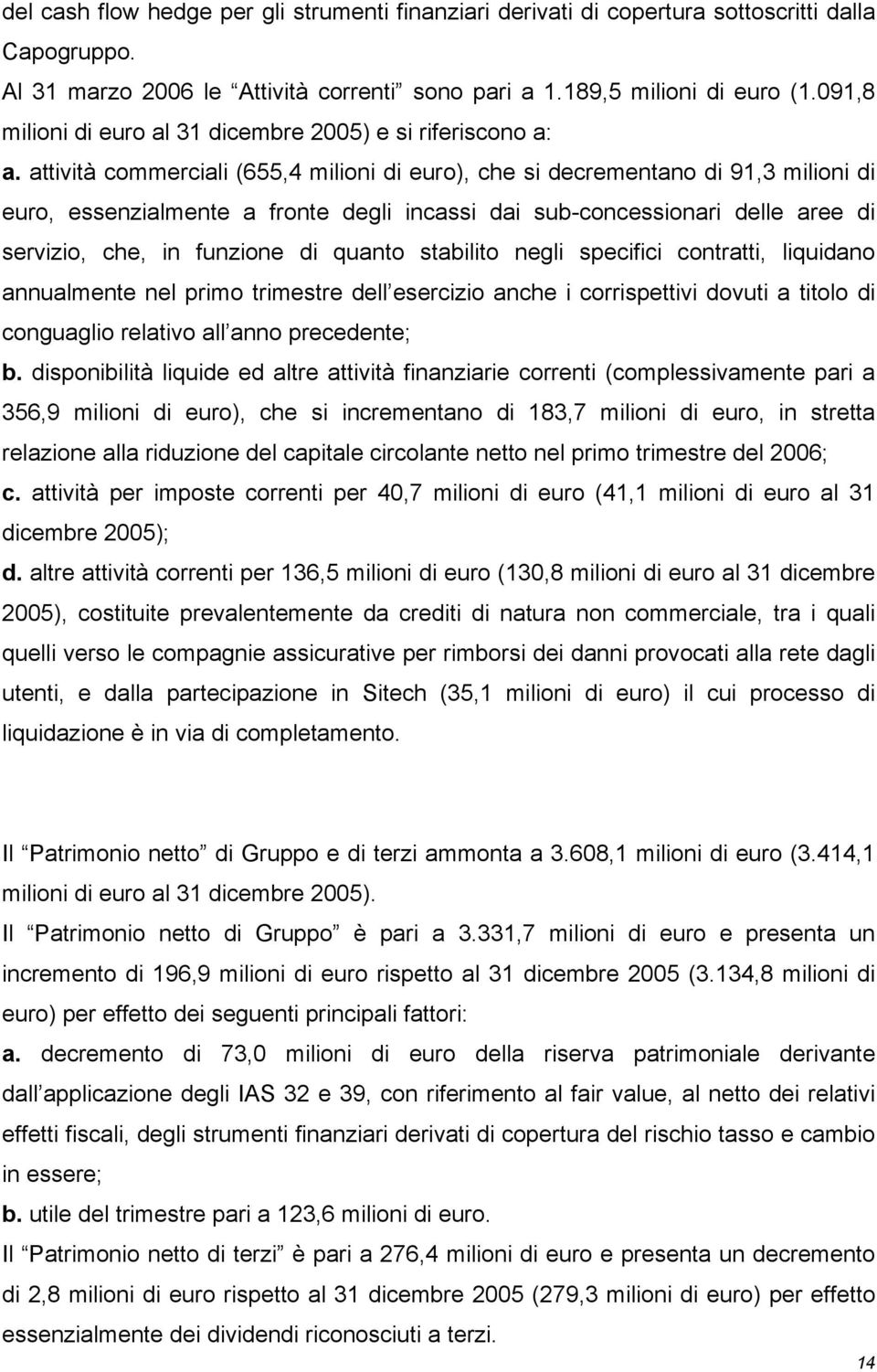 attività commerciali (655,4 milioni di euro), che si decrementano di 91,3 milioni di euro, essenzialmente a fronte degli incassi dai sub-concessionari delle aree di servizio, che, in funzione di