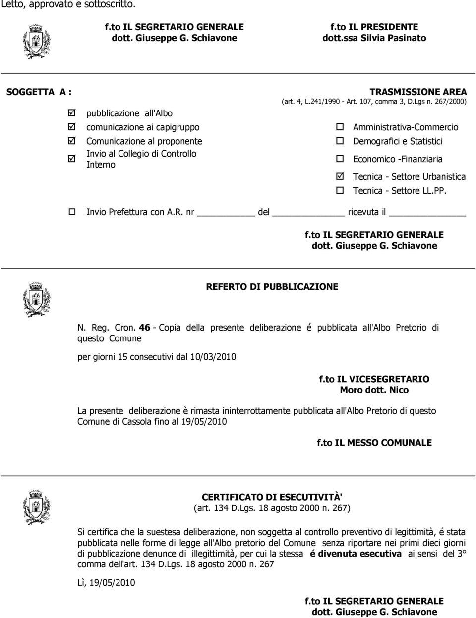 267/2000) pubblicazione all'albo comunicazione ai capigruppo Amministrativa-Commercio Comunicazione al proponente Demografici e Statistici Invio al Collegio di Controllo Interno Economico