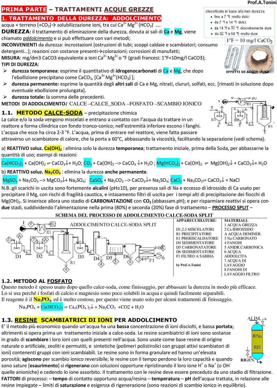 di tubi; scoppi caldaie e scambiatori; consumo detergenti ]; reazioni con sostanze presenti colorazioni; corrosioni di manufatti; MISURA: mg/dm3 CaCO3 equivalente a ioni Ca 2+ Mg 2+ o F (gradi