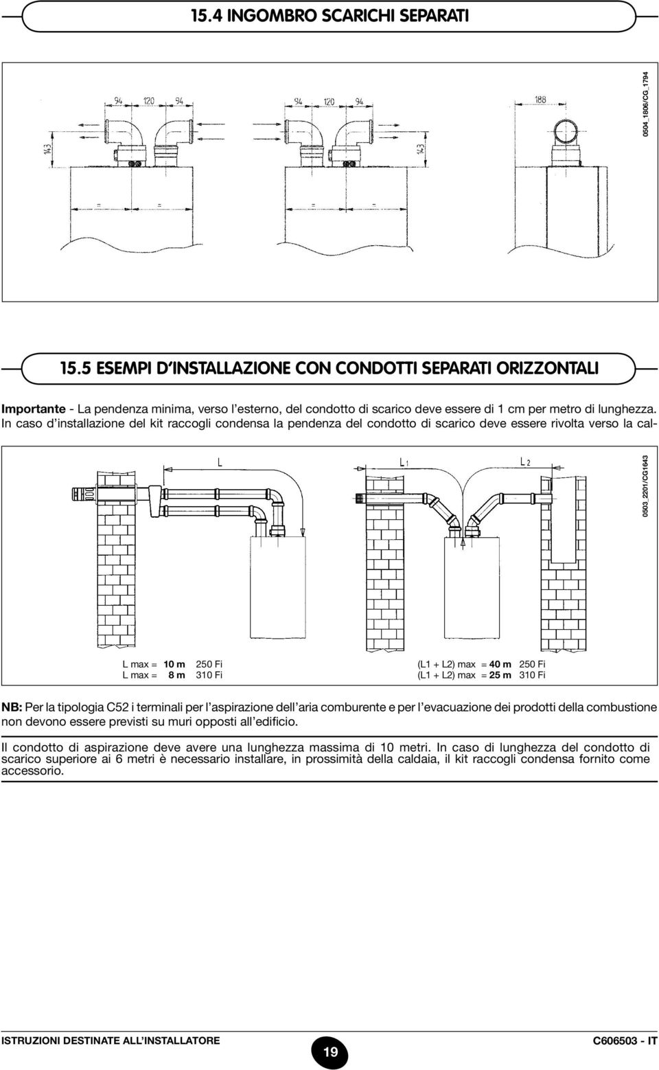 In caso d installazione del kit raccogli condensa la pendenza del condotto di scarico deve essere rivolta verso la cal- 0503_2201/CG1643 0504_1806/CG_1794 L max = 10 m 250 Fi L max = 8 m 310 Fi (L1 +