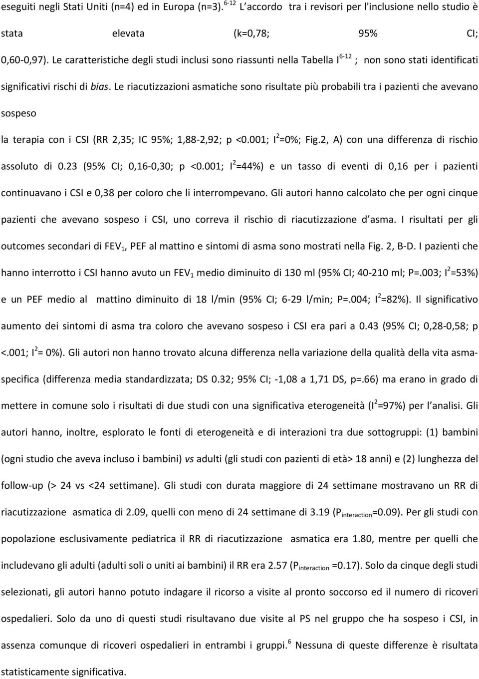 Le riacutizzazioni asmatiche sono risultate più probabili tra i pazienti che avevano sospeso la terapia con i CSI (RR 2,35; IC 95%; 1,88-2,92; p <0.001; I 2 =0%; Fig.