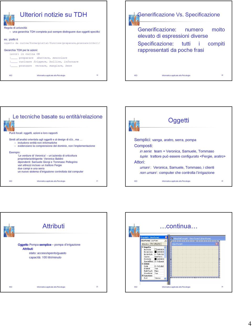 pranzare versare, mangiare, bere Generificazione: numero molto elevato di espressioni diverse Specificazione: tutti i compiti rappresentati da poche frasi HCI Informatica applicata alla Psicologia 19