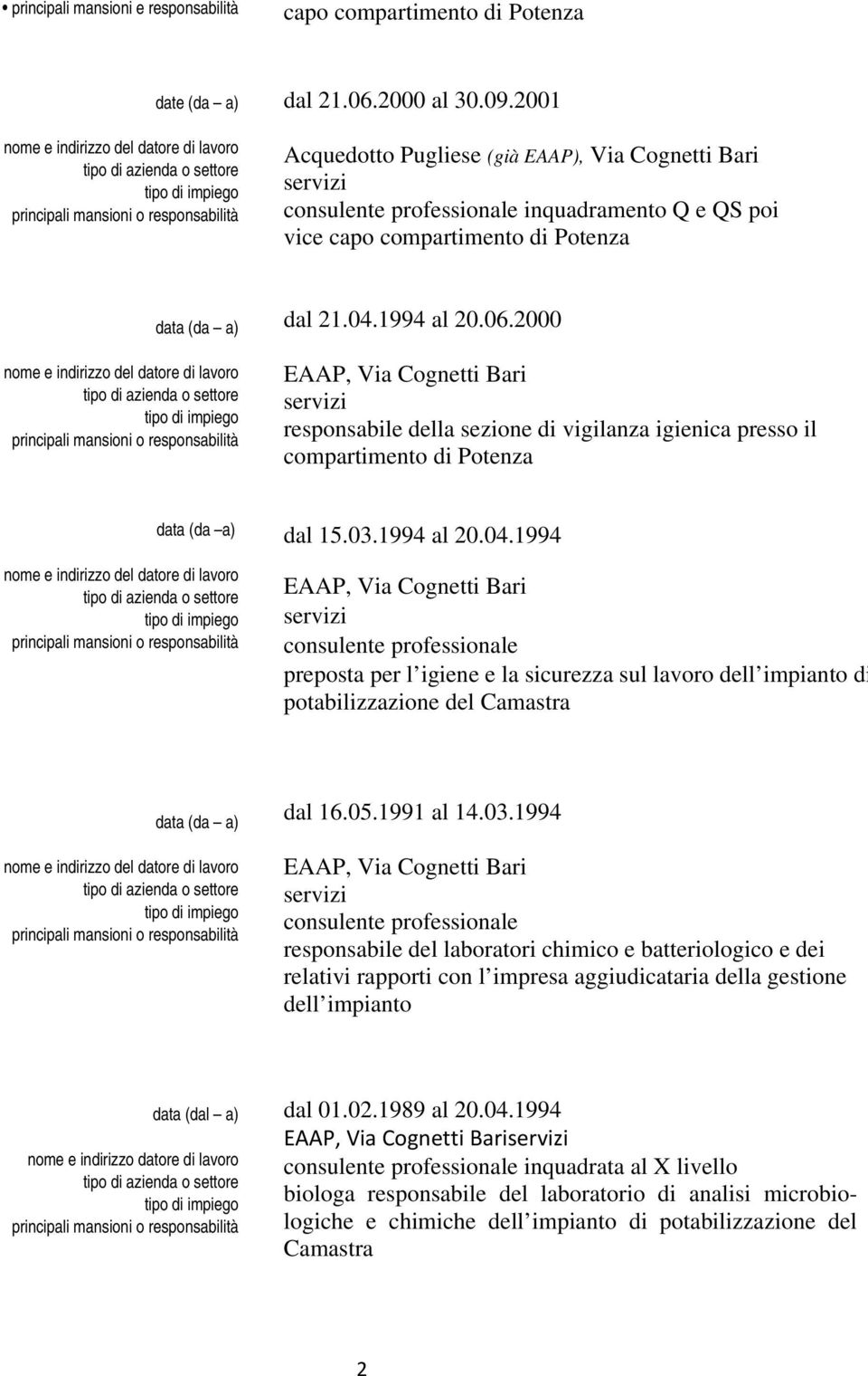 1994 al 20.06.2000 EAAP, Via Cognetti Bari responsabile della sezione di vigilanza igienica presso il compartimento di Potenza data (da a) nome e indirizzo del datore di lavoro dal 15.03.1994 al 20.04.