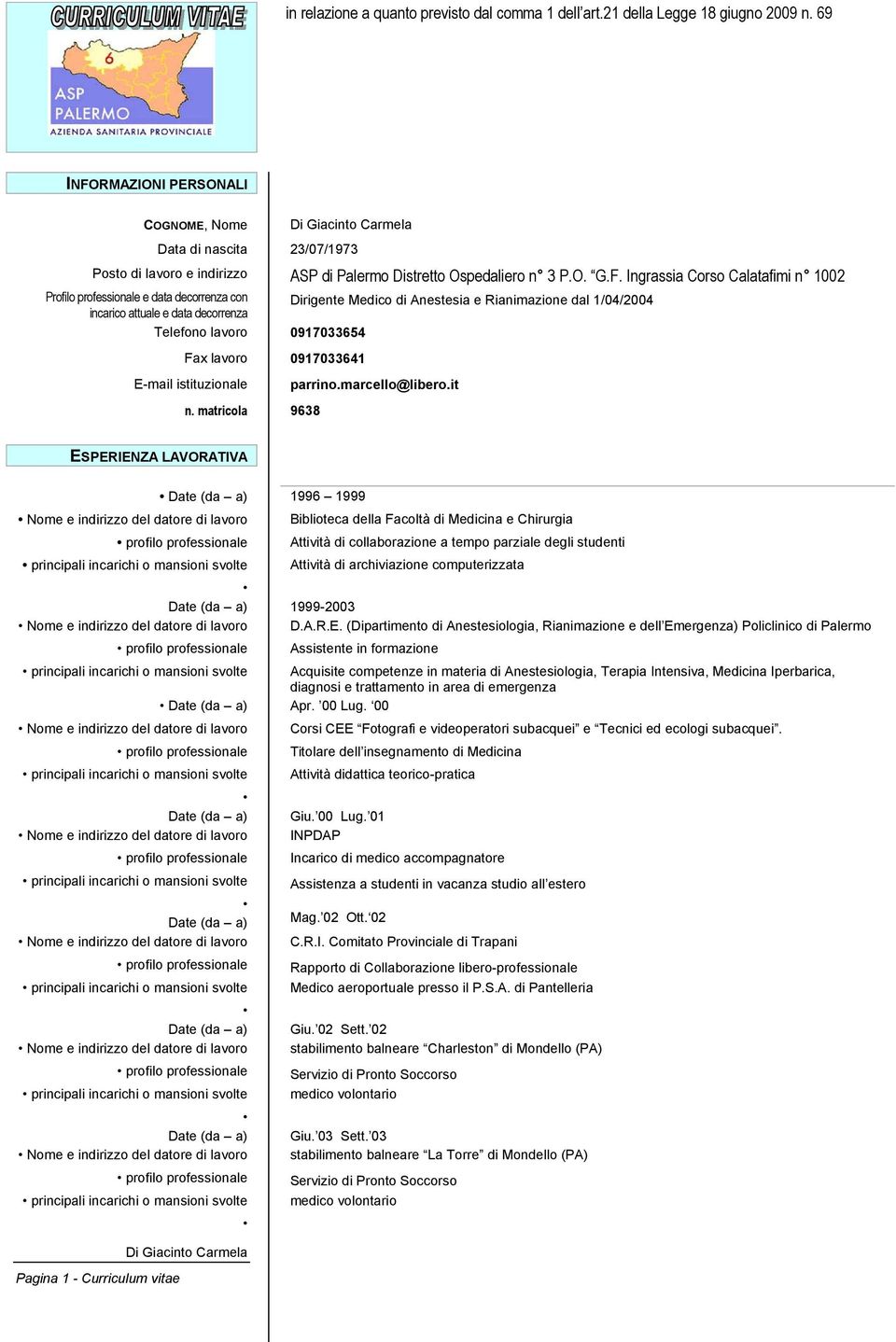 RMAZIONI PERSONALI COGNOME, Nome Data di nascita 23/07/1973 Posto di lavoro e indirizzo ASP di Palermo Distretto Ospedaliero n 3 P.O. G.F.