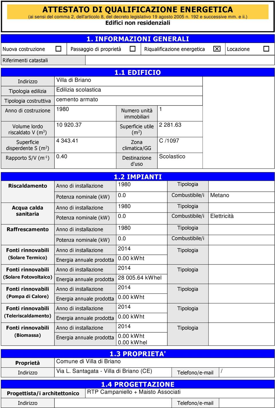 cemento armato 1.1 EDIFICIO Anno di costruzione 198 Numero unità immobiliari Volume lordo riscaldato V (m 3 ) Superficie disperdente S (m 2 ) 1 92.37 Superficie utile (m 2 ) 4 343.