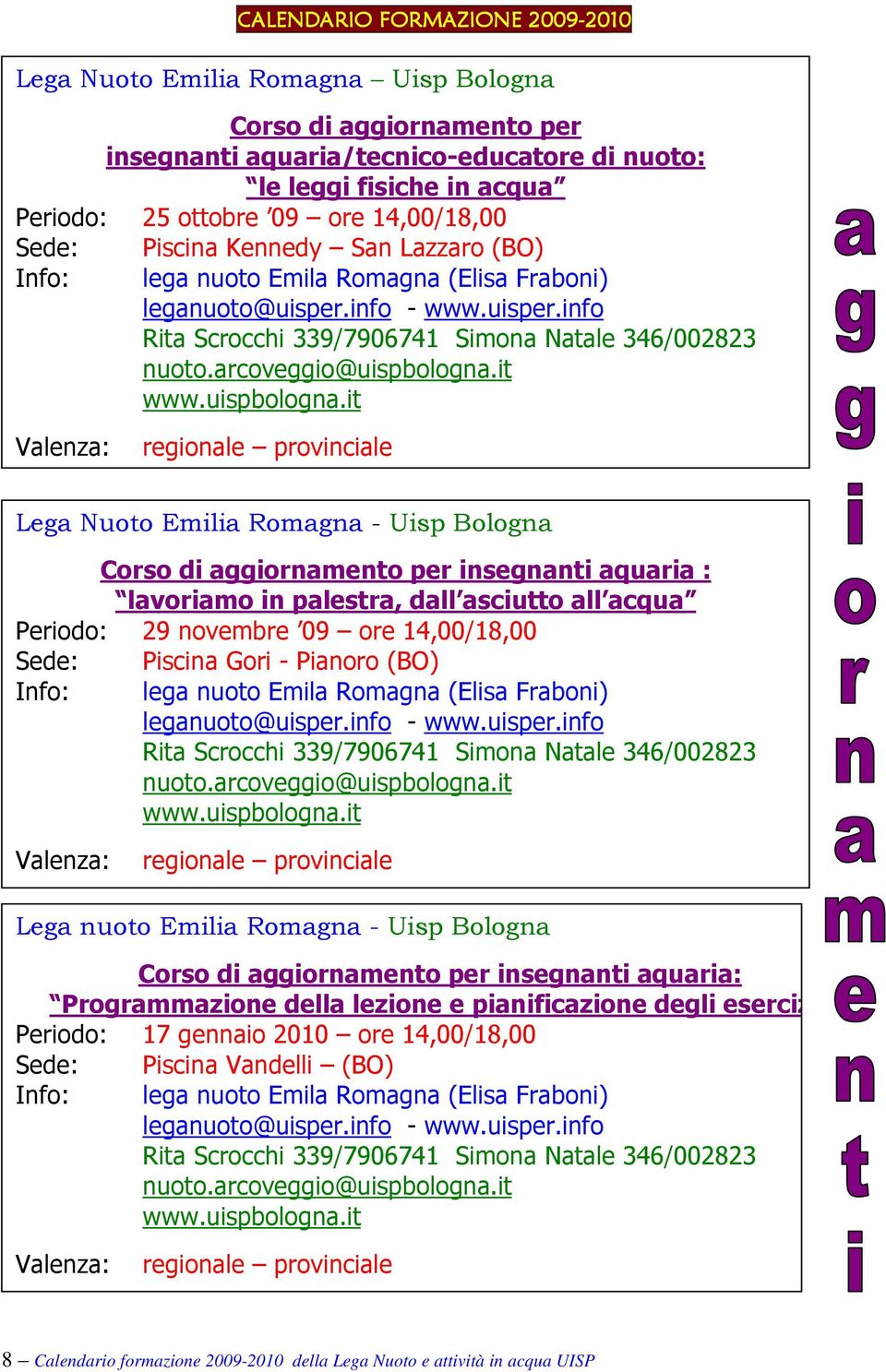 info Rita Scrocchi 339/7906741 Simona Natale 346/002823 regionale provinciale Lega Nuoto Emilia Romagna - Uisp Bologna Corso di aggiornamento per insegnanti aquaria : lavoriamo in palestra, dall