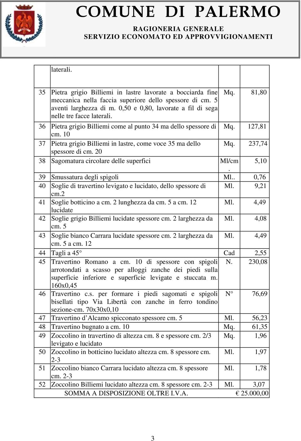 10 37 Pietra grigio Billiemi in lastre, come voce 35 ma dello Mq. 237,74 spessore di cm. 20 38 Sagomatura circolare delle superfici Ml/cm 5,10. 39 Smussatura degli spigoli Ml.