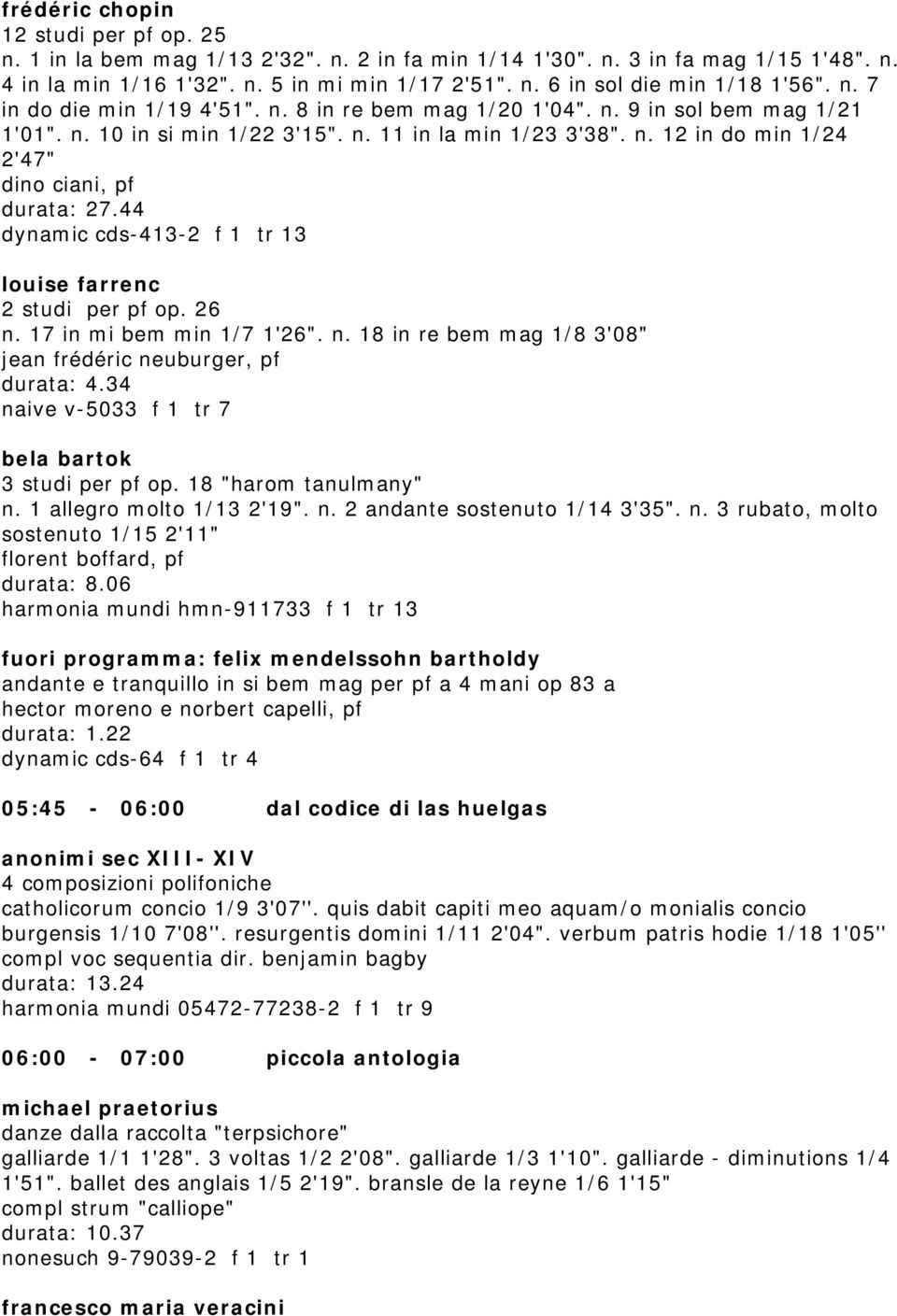 44 dynamic cds-413-2 f 1 tr 13 louise farrenc 2 studi per pf op. 26 n. 17 in mi bem min 1/7 1'26". n. 18 in re bem mag 1/8 3'08" jean frédéric neuburger, pf durata: 4.