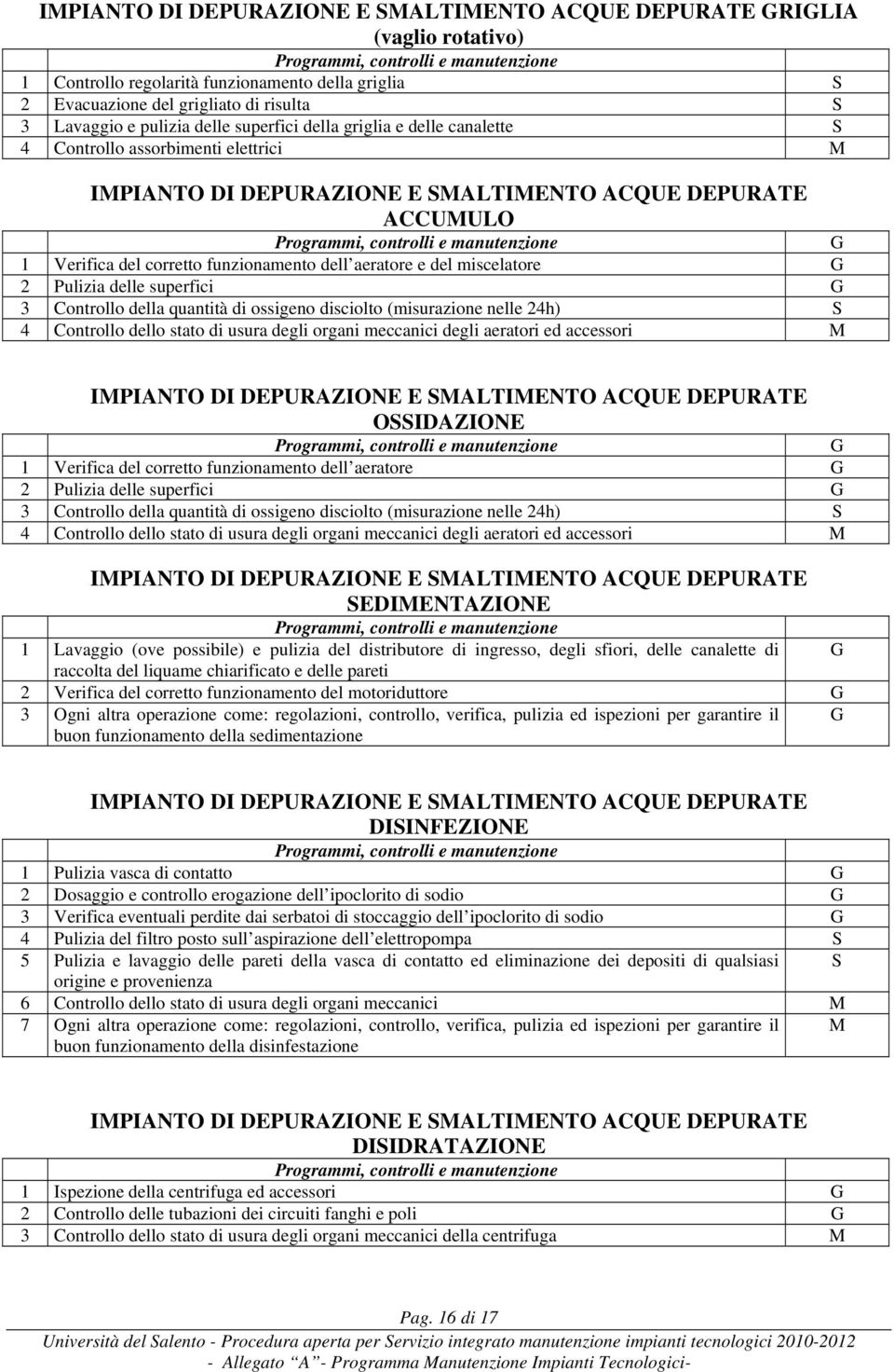 controlli e manutenzione G 1 Verifica del corretto funzionamento dell aeratore e del miscelatore G 2 Pulizia delle superfici G 3 Controllo della quantità di ossigeno disciolto (misurazione nelle 24h)