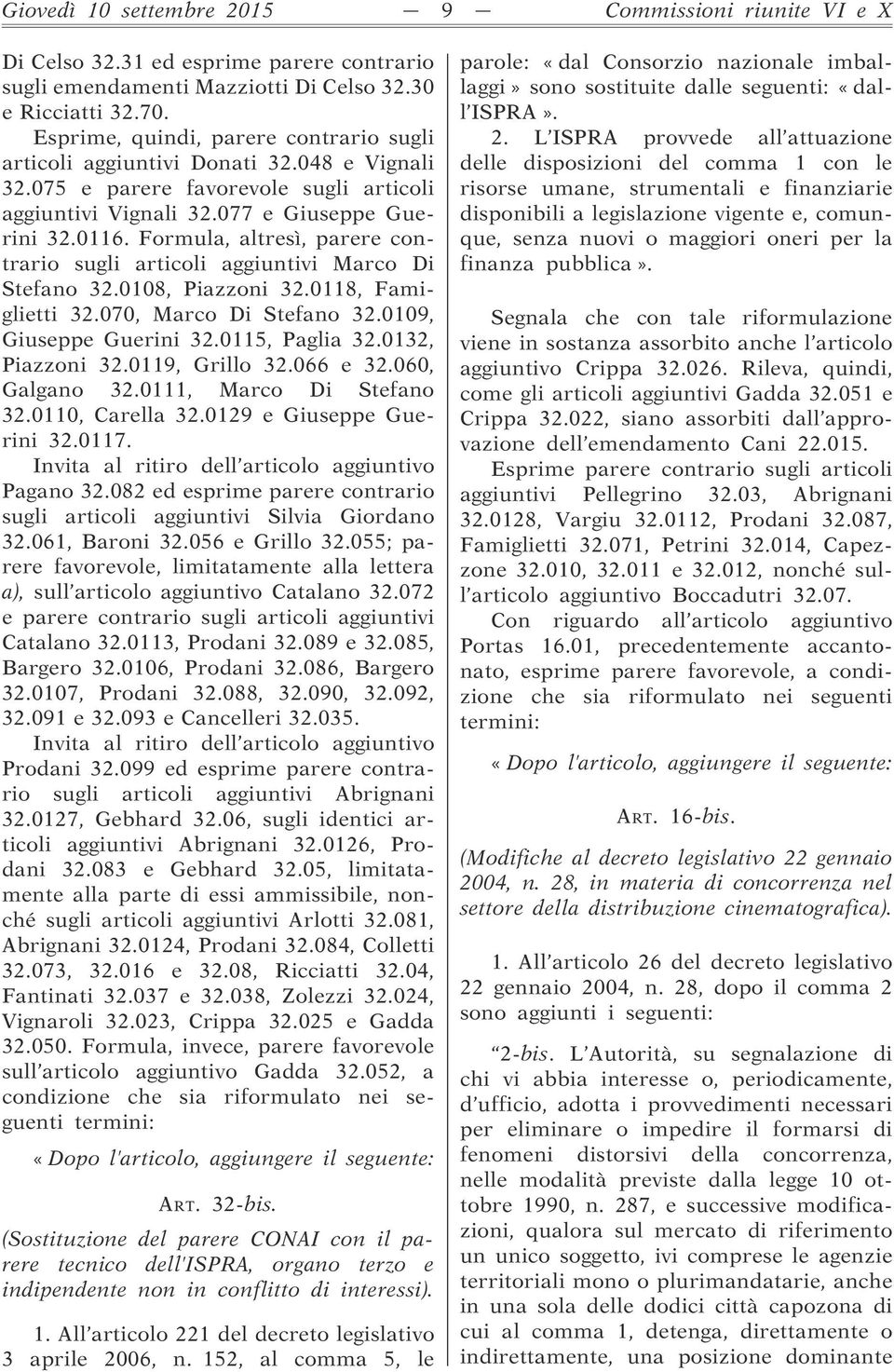 Formula, altresì, parere contrario sugli articoli aggiuntivi Marco Di Stefano 32.0108, Piazzoni 32.0118, Famiglietti 32.070, Marco Di Stefano 32.0109, Giuseppe Guerini 32.0115, Paglia 32.