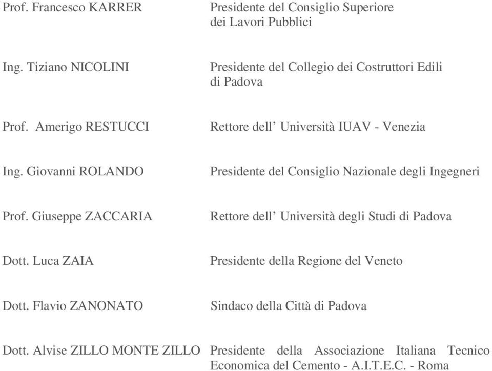 Giovanni ROLANDO Presidente del Consiglio Nazionale degli Ingegneri Prof. Giuseppe ZACCARIA Rettore dell Università degli Studi di Padova Dott.