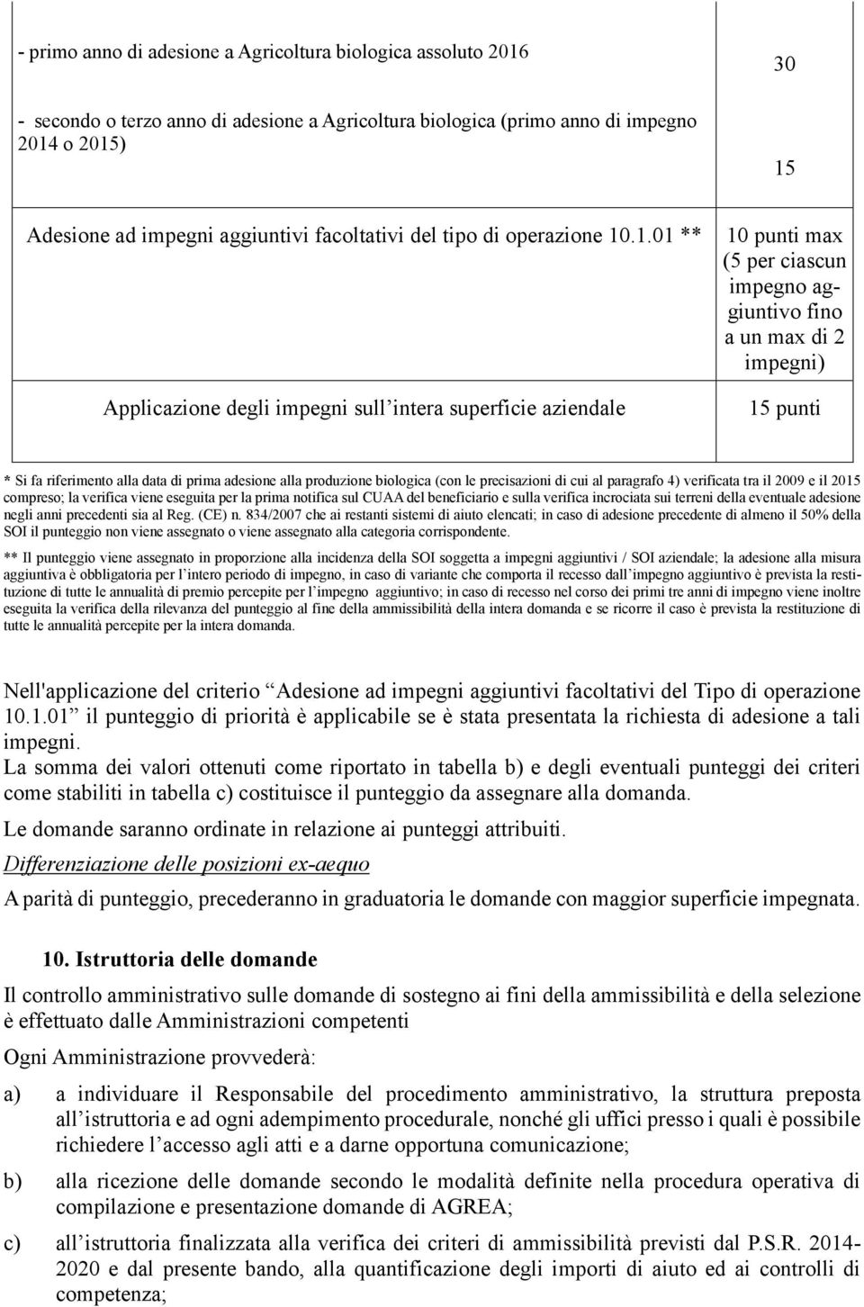 .1.01 ** Applicazione degli impegni sull intera superficie aziendale 10 punti max (5 per ciascun impegno aggiuntivo fino a un max di 2 impegni) 15 punti * Si fa riferimento alla data di prima