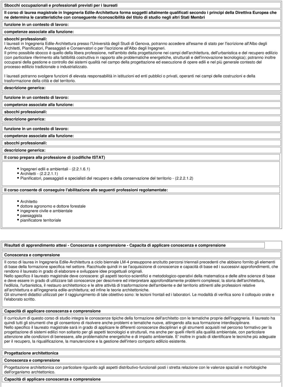 sbocchi professionali: I laureati in Ingegneria Edile-Architettura presso l'università degli Studi di Genova, potranno accedere all'esame di stato per l'iscrizione all'albo degli Architetti,