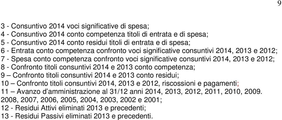 2014 e 2013 conto competenza; 9 Confronto titoli consuntivi 2014 e 2013 conto residui; 10 Confronto titoli consuntivi 2014, 2013 e 2012, riscossioni e pagamenti; 11 Avanzo d amministrazione al