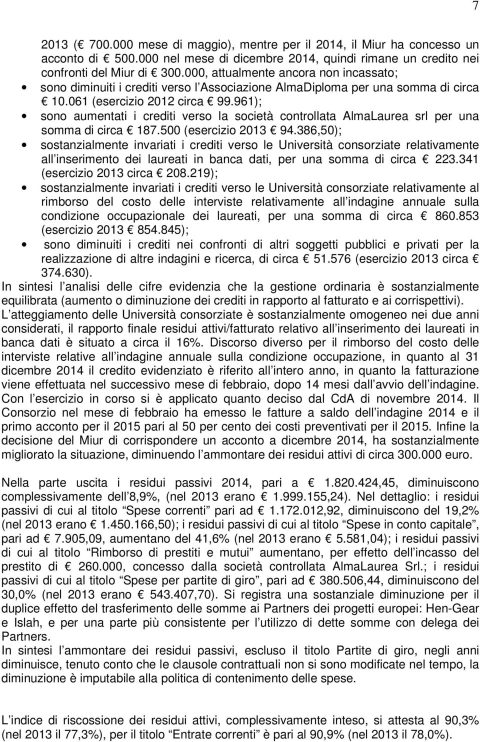 961); sono aumentati i crediti verso la società controllata AlmaLaurea srl per una somma di circa 187.500 (esercizio 2013 94.