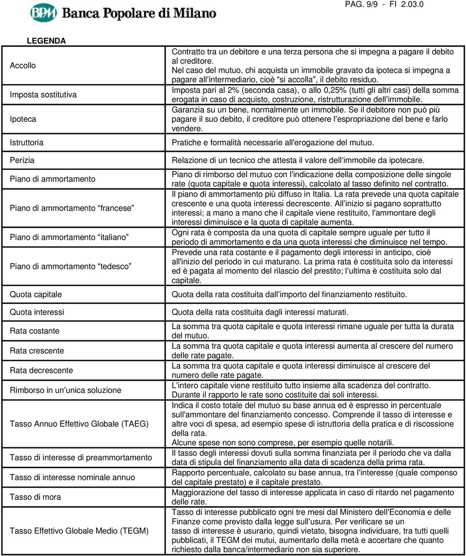 Quota interessi Rata costante Rata crescente Rata decrescente Rimborso in un unica soluzione Tasso Annuo Effettivo Globale (TAEG) Tasso di interesse di preammortamento Tasso di interesse nominale