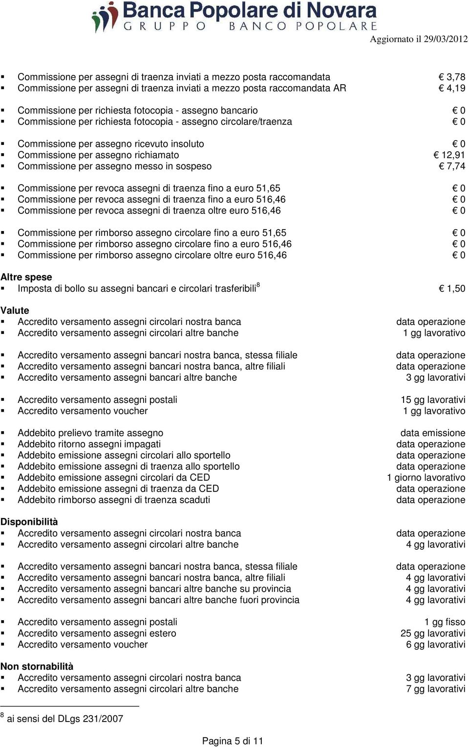 sospeso 7,74 Commissione per revoca assegni di traenza fino a euro 51,65 0 Commissione per revoca assegni di traenza fino a euro 516,46 0 Commissione per revoca assegni di traenza oltre euro 516,46 0