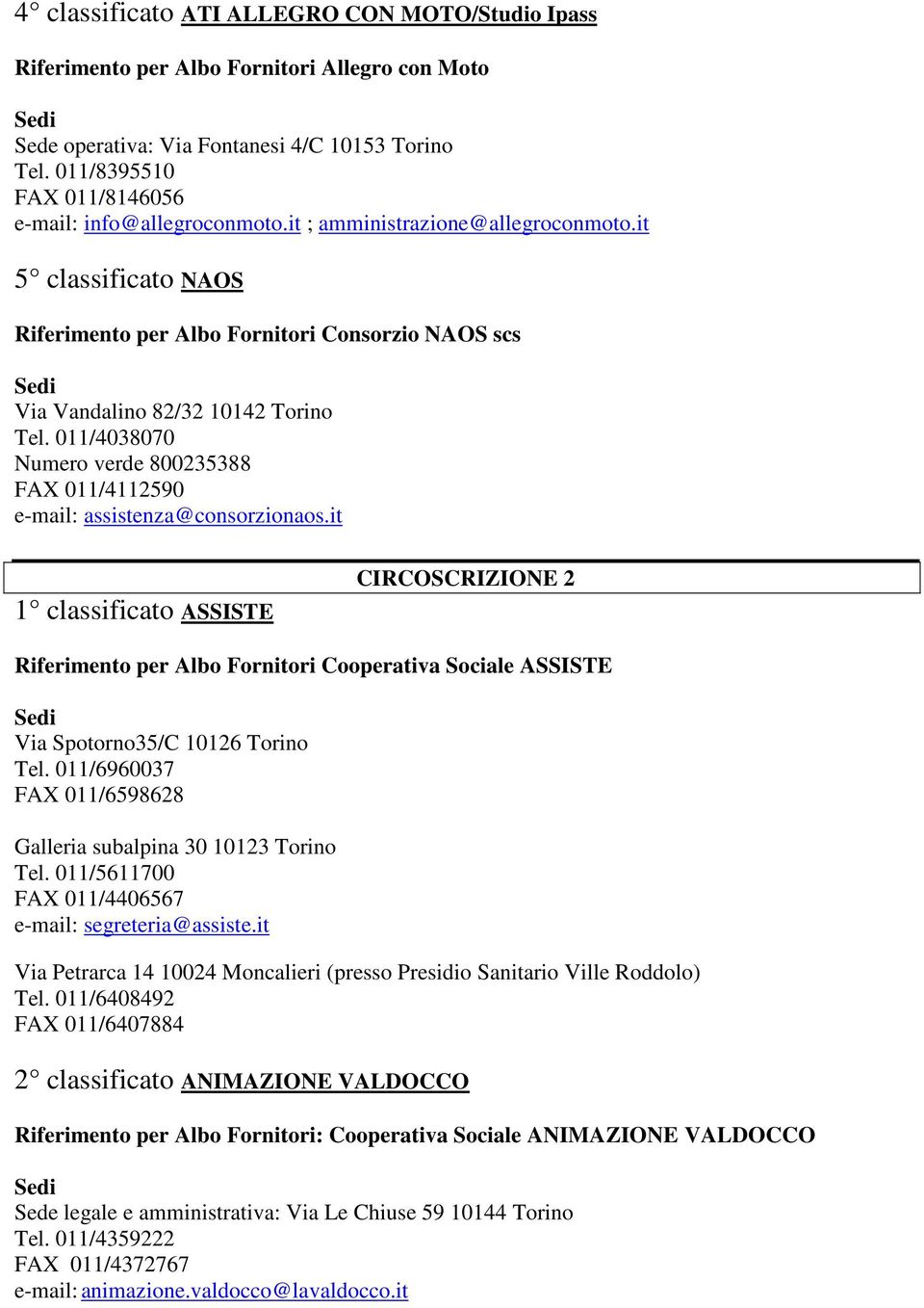 it 5 classificato NAOS Riferimento per Albo Fornitori Consorzio NAOS scs Via Vandalino 82/32 10142 Torino Tel. 011/4038070 Numero verde 800235388 FAX 011/4112590 e-mail: assistenza@consorzionaos.