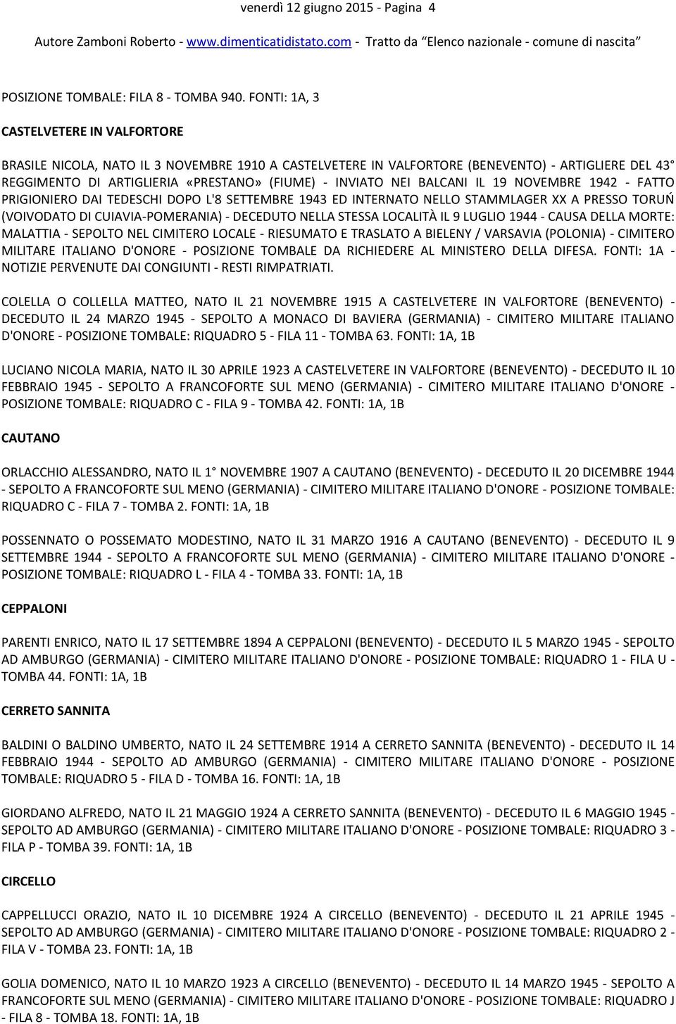 BALCANI IL 19 NOVEMBRE 1942 - FATTO PRIGIONIERO DAI TEDESCHI DOPO L'8 SETTEMBRE 1943 ED INTERNATO NELLO STAMMLAGER XX A PRESSO TORUŃ (VOIVODATO DI CUIAVIA-POMERANIA) - DECEDUTO NELLA STESSA LOCALITÀ