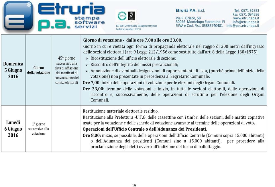 Ricostituzione dell'ufficio elettorale di sezione; Riscontro dell'integrità dei mezzi precauzionali; Annotazione di eventuali designazioni di rappresentanti di lista, (purché prima dell'inizio della