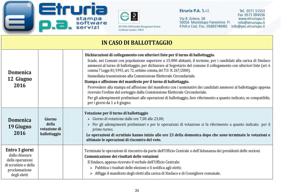 000 abitanti, il termine, per i candidati alla carica di Sindaco ammessi al turno di ballottaggio, per dichiarare al Segretario del comune il collegamento con ulteriori liste (art.