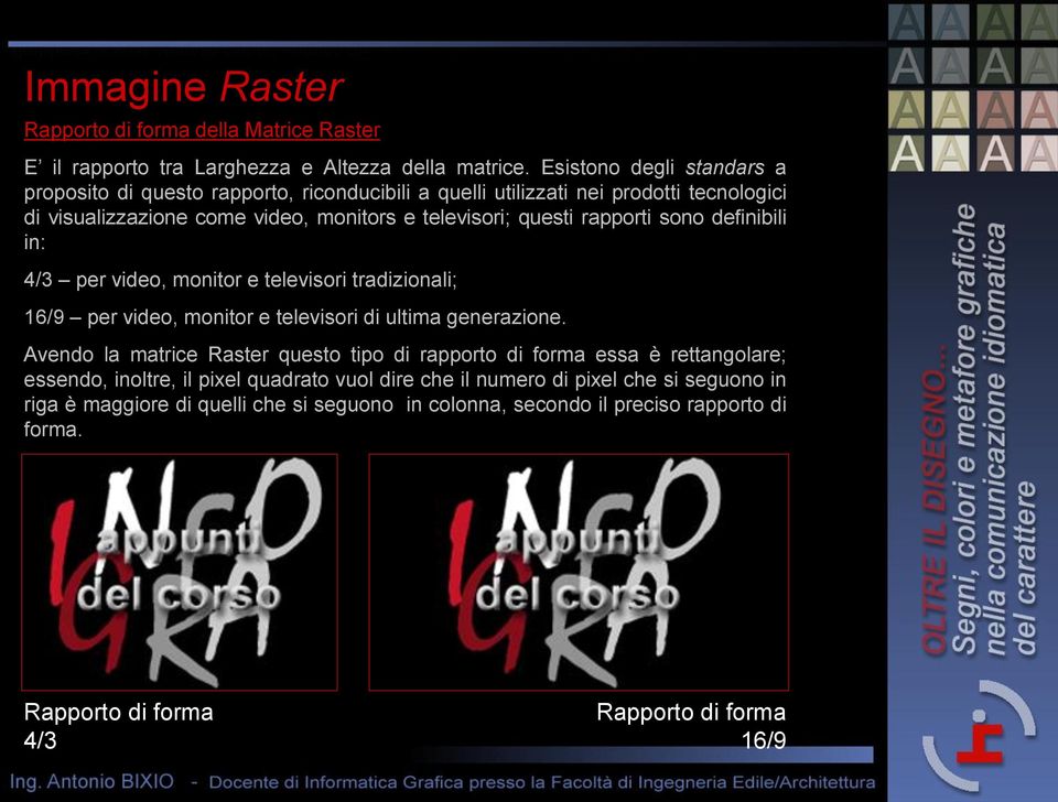 rapporti sono definibili in: 4/3 per video, monitor e televisori tradizionali; 16/9 per video, monitor e televisori di ultima generazione.