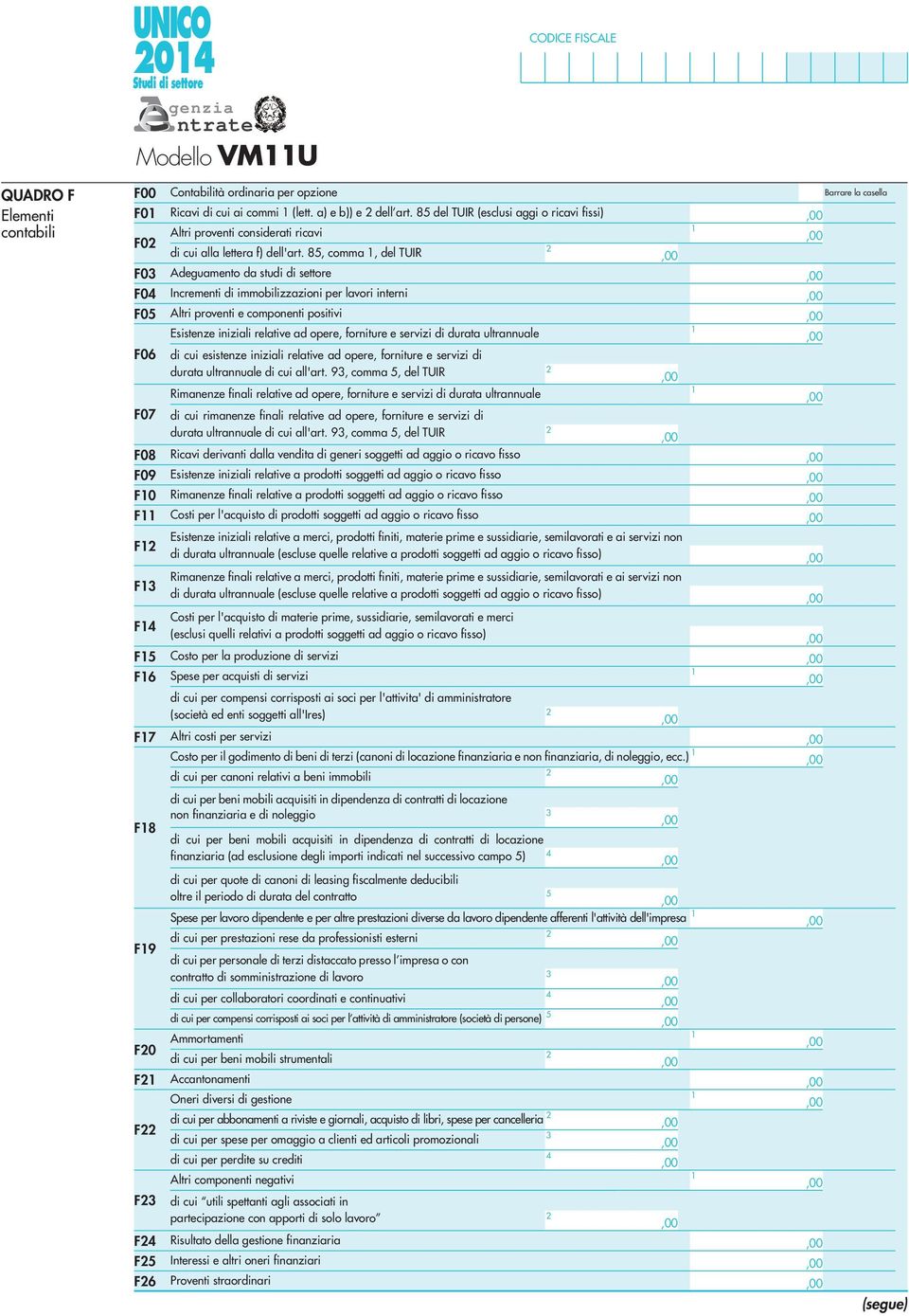 85, comma, del TUIR F03 Adeguamento da studi di settore F04 Incrementi di immobilizzazioni per lavori interni F05 Altri proventi e componenti positivi Esistenze iniziali relative ad opere, forniture