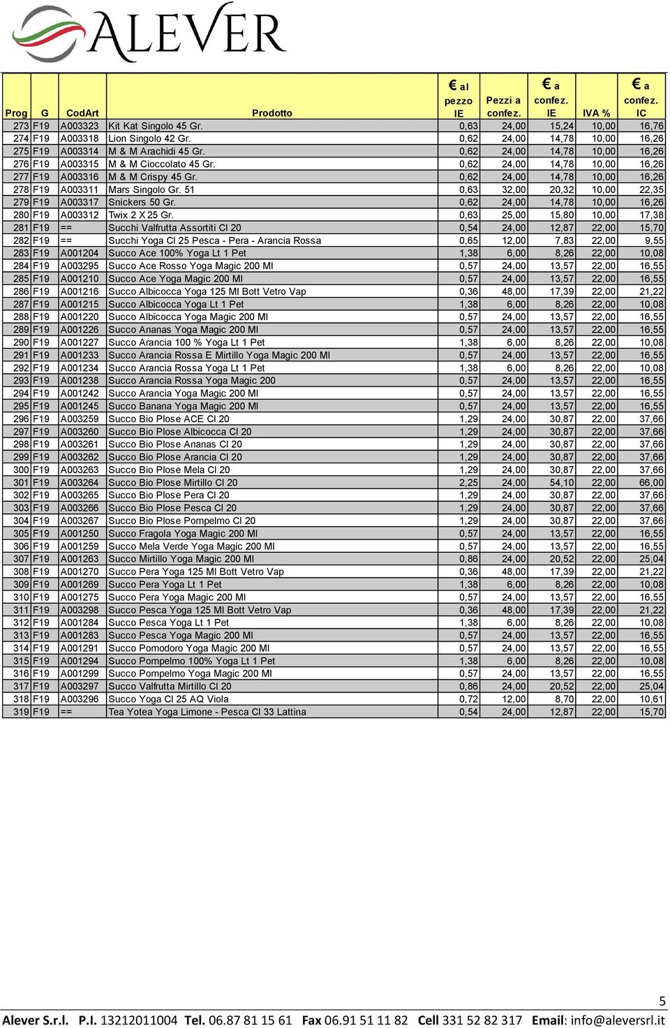 0,62 24,00 14,78 10,00 16,26 278 F19 A003311 Mars Singolo Gr. 51 0,63 32,00 20,32 10,00 22,35 279 F19 A003317 Snickers 50 Gr. 0,62 24,00 14,78 10,00 16,26 280 F19 A003312 Twix 2 X 25 Gr.