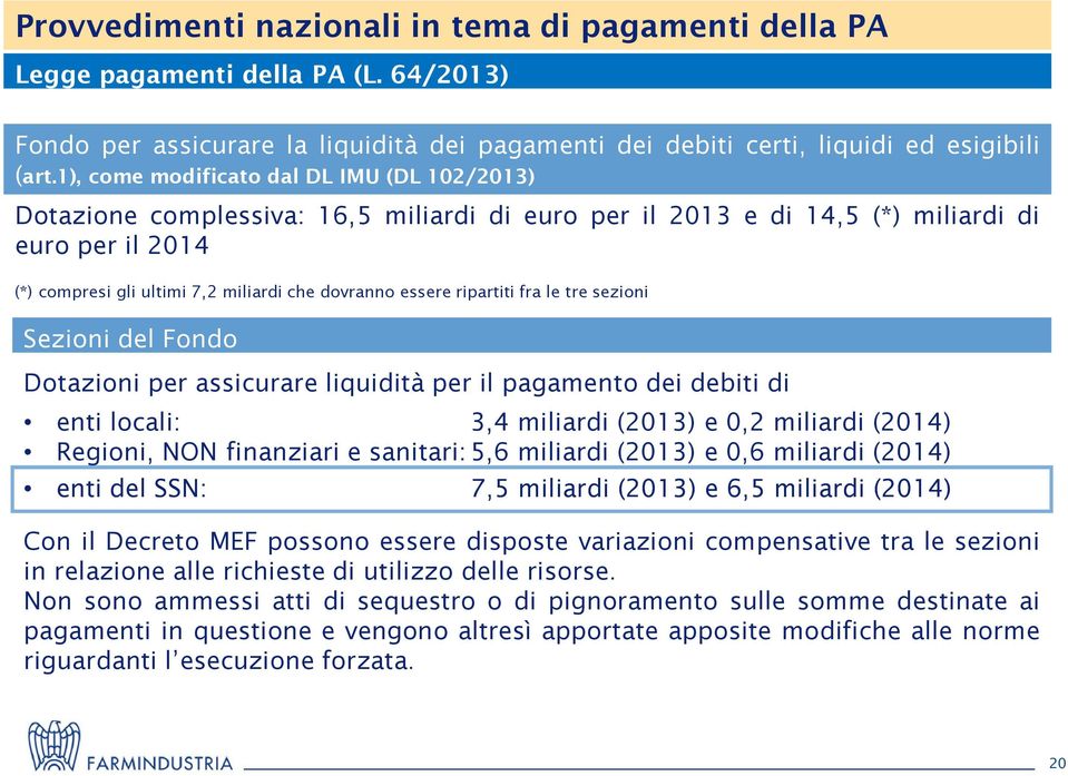 essere ripartiti fra le tre sezioni Sezioni del Fondo Dotazioni per assicurare liquidità per il pagamento dei debiti di enti locali: 3,4 miliardi (2013) e 0,2 miliardi (2014) Regioni, NON finanziari