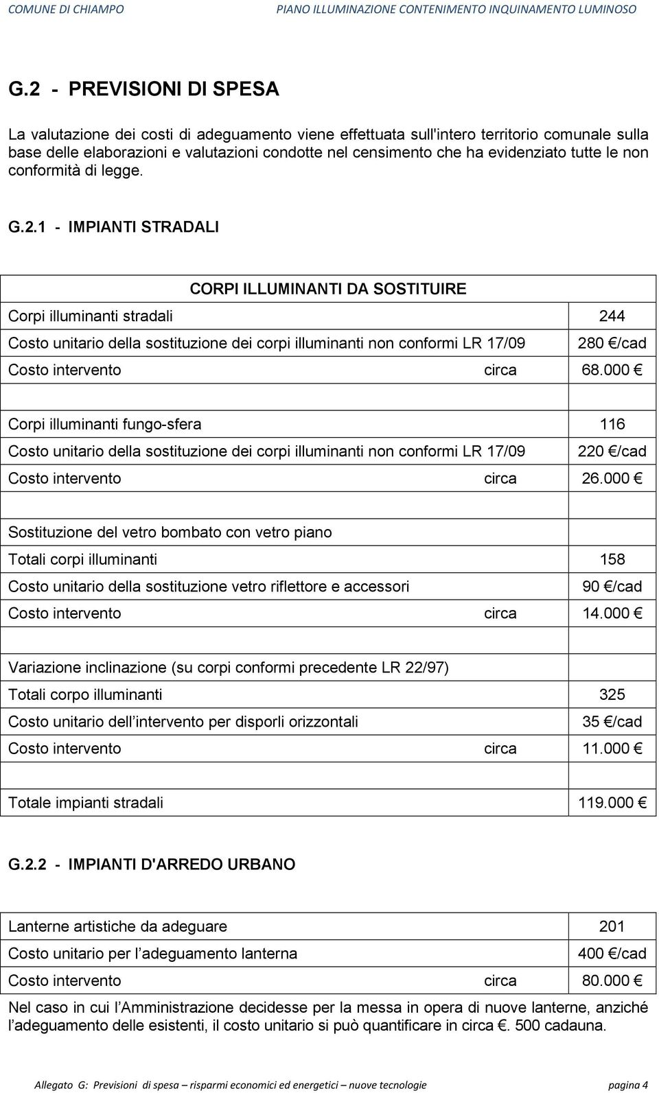 1 - IMPIANTI STRADALI CORPI ILLUMINANTI DA SOSTITUIRE Corpi illuminanti stradali 244 Costo unitario della sostituzione dei corpi illuminanti non conformi LR 17/09 280 /cad Costo intervento circa 68.