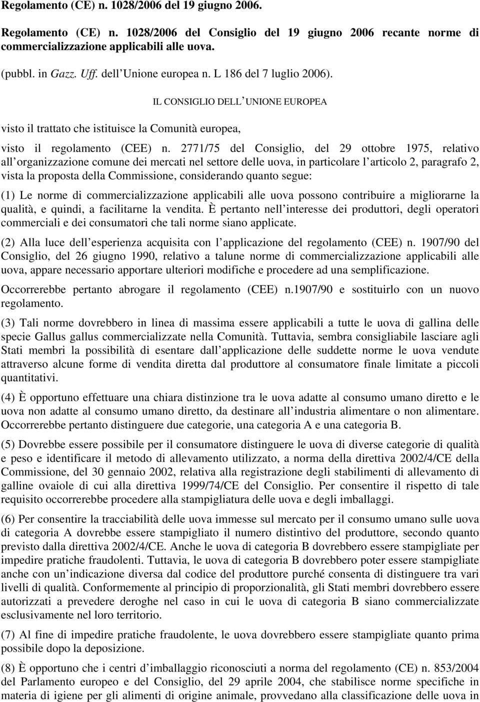 2771/75 del Consiglio, del 29 ottobre 1975, relativo all organizzazione comune dei mercati nel settore delle uova, in particolare l articolo 2, paragrafo 2, vista la proposta della Commissione,