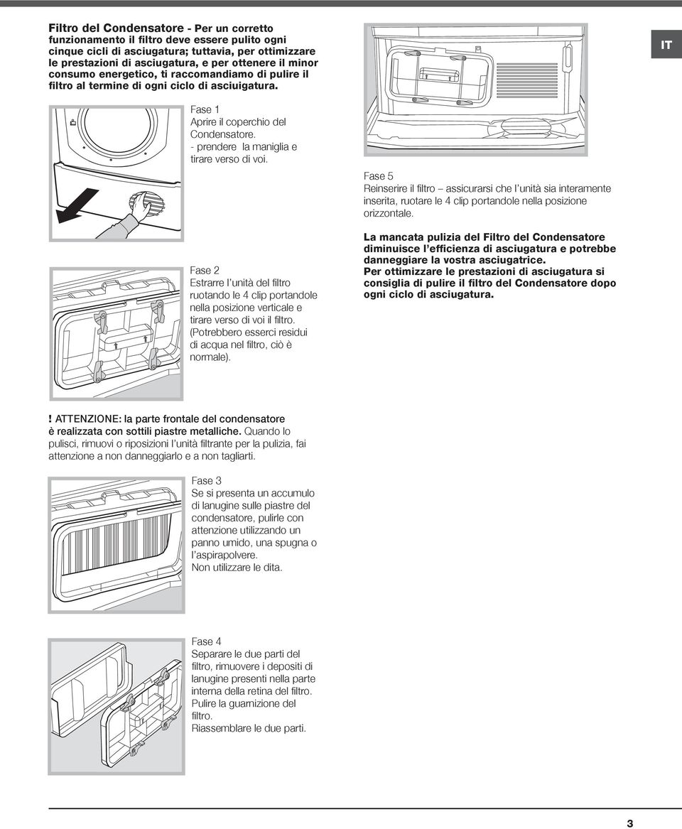 Fase 2 Estrarre l unità del filtro ruotando le 4 clip portandole nella posizione verticale e tirare verso di voi il filtro. (Potrebbero esserci residui di acqua nel filtro, ciò è normale).