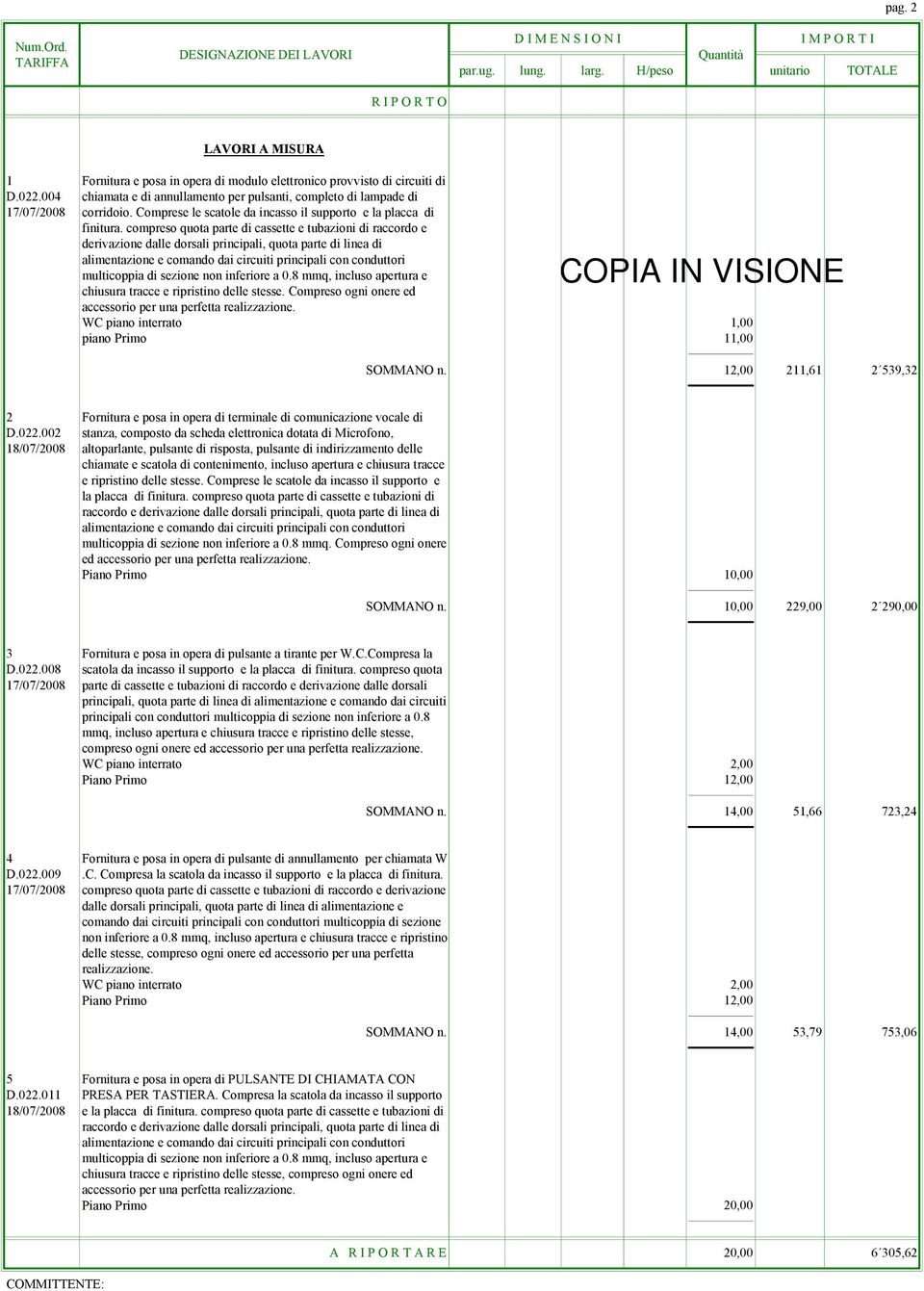 compreso quota parte di cassette e tubazioni di raccordo e derivazione dalle dorsali principali, quota parte di linea di alimentazione e comando dai circuiti principali con conduttori multicoppia di