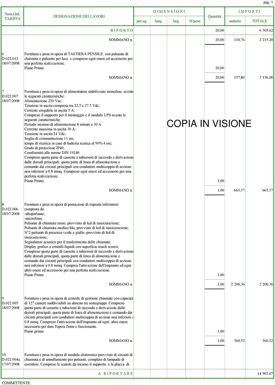 20,00 157,80 3 156,00 7 Fornitura e posa in opera di alimentatore stabilizzato monofase avente D.022.