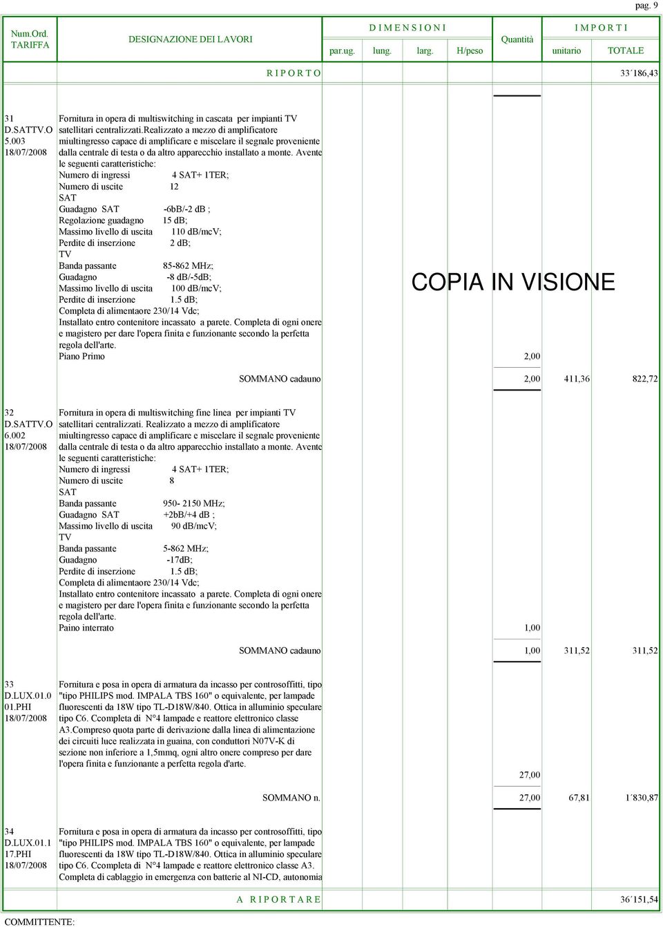 Avente le seguenti caratteristiche: Numero di ingressi 4 SAT+ 1TER; Numero di uscite 12 SAT Guadagno SAT -6bB/-2 db ; Regolazione guadagno 15 db; Massimo livello di uscita 110 db/mcv; Perdite di