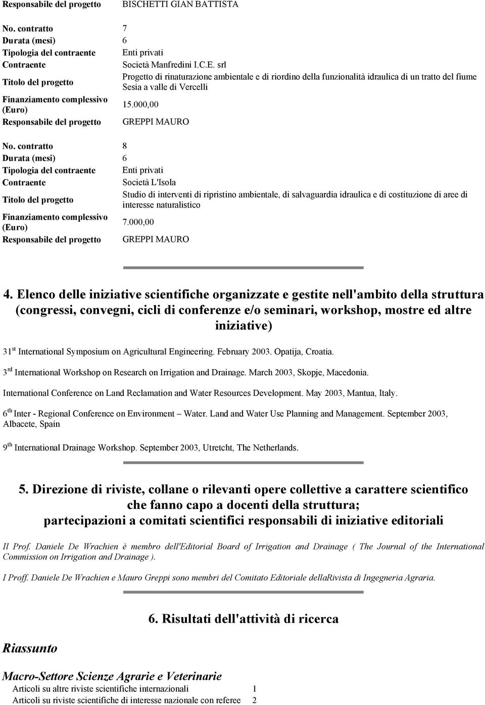 contratto 8 Durata (mesi) 6 Tipologia del contraente Enti privati Società L'Isola Studio di interventi di ripristino ambientale, di salvaguardia idraulica e di costituzione di aree di interesse