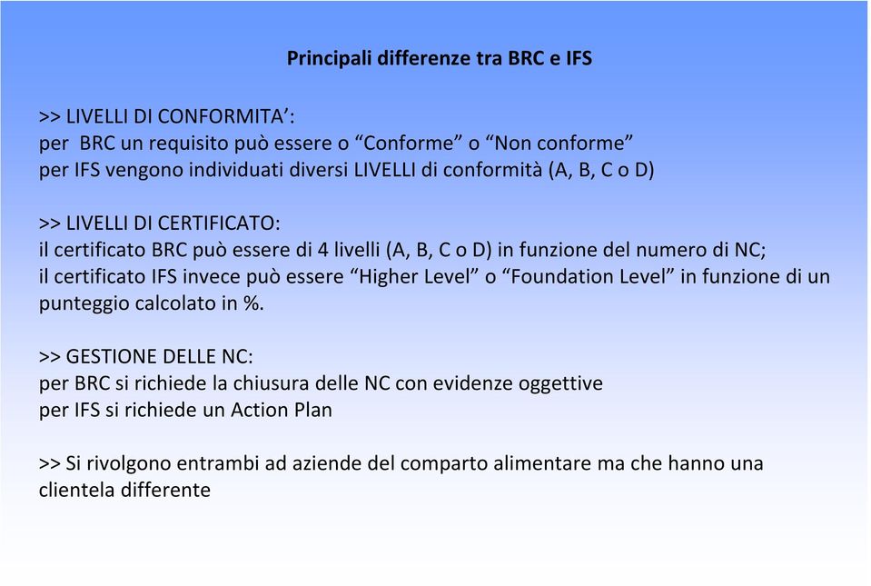 certificato IFS invece può essere Higher Level o Foundation Level in funzione di un punteggio calcolato in %.