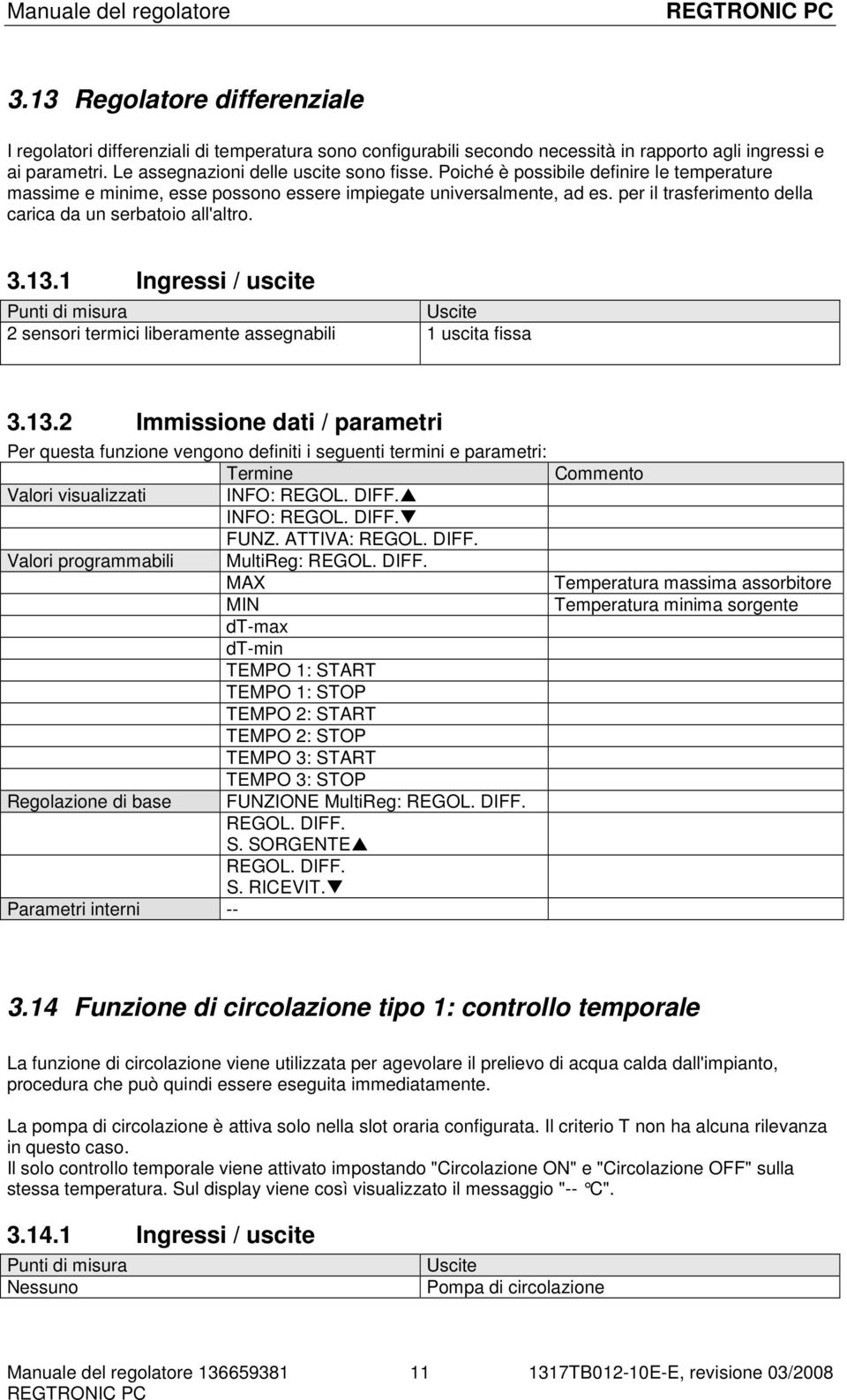 1 Ingressi / uscite 2 sensori termici liberamente assegnabili 1 uscita fissa 3.13.2 Immissione dati / parametri Per questa funzione vengono definiti i seguenti termini e parametri: INFO: REGOL. DIFF.