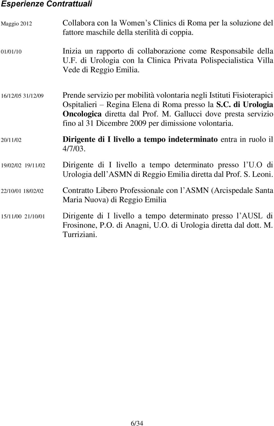 16/12/05 31/12/09 Prende servizio per mobilità volontaria negli Istituti Fisioterapici Ospitalieri Regina Elena di Roma presso la S.C. di Urologia Oncologica diretta dal Prof. M.