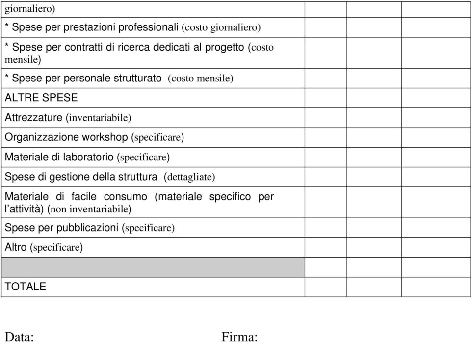 workshop (specificare) Materiale di laboratorio (specificare) Spese di gestione della struttura (dettagliate) Materiale di facile