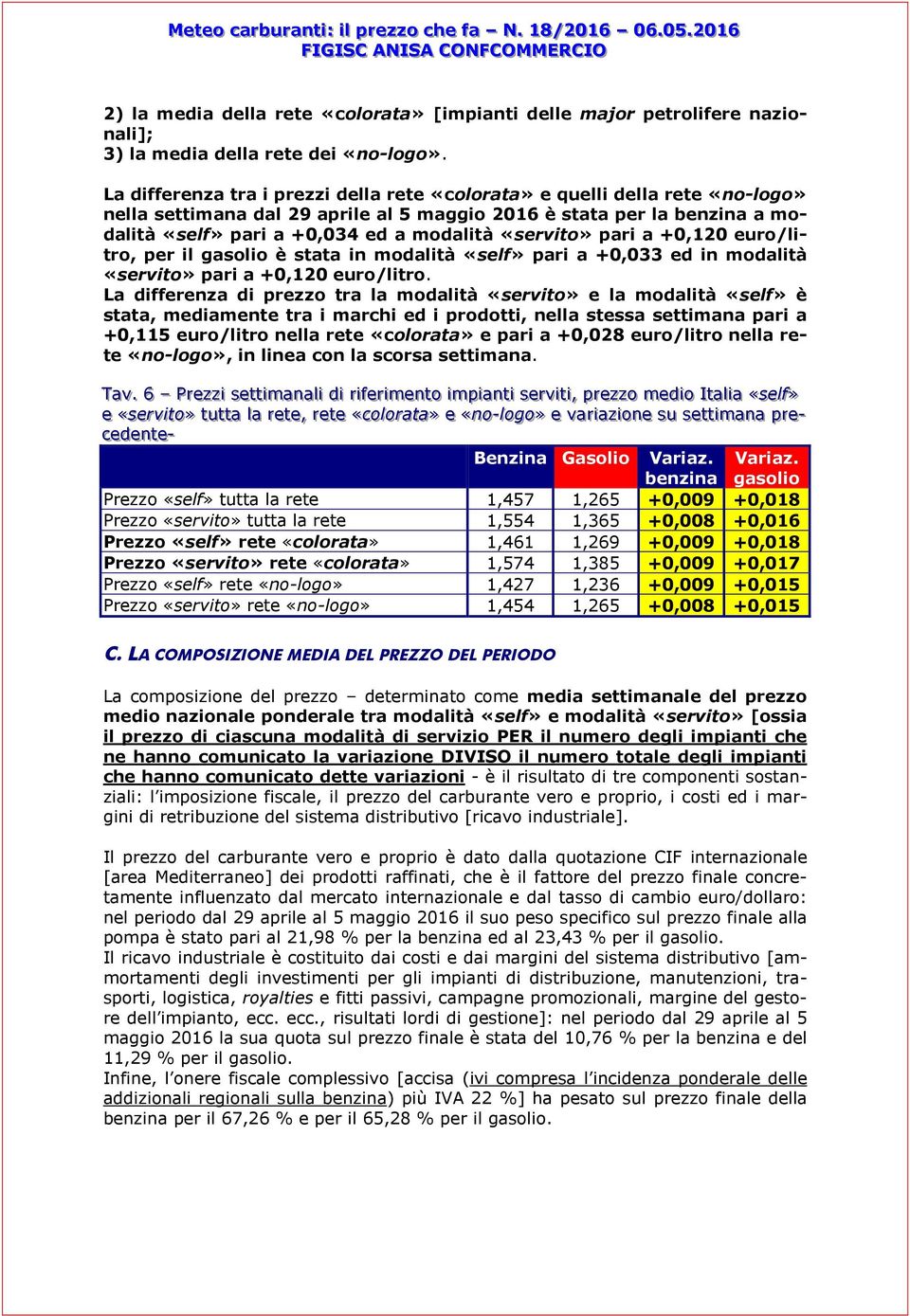 «servito» pari a +0,120 euro/litro, per il gasolio è stata in modalità «self» pari a +0,033 ed in modalità «servito» pari a +0,120 euro/litro.