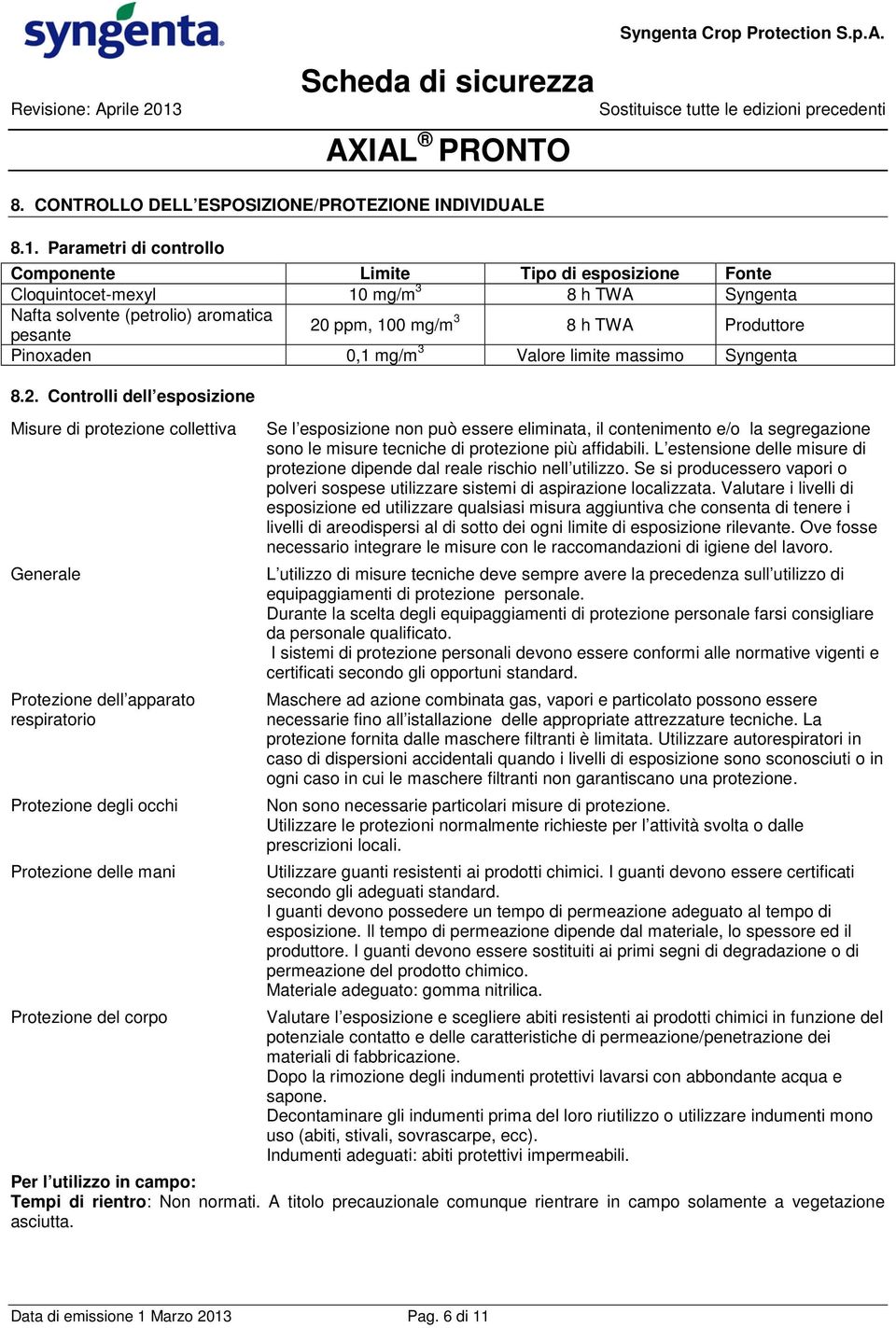 Pinoxaden 0,1 mg/m 3 Valore limite massimo Syngenta 8.2.