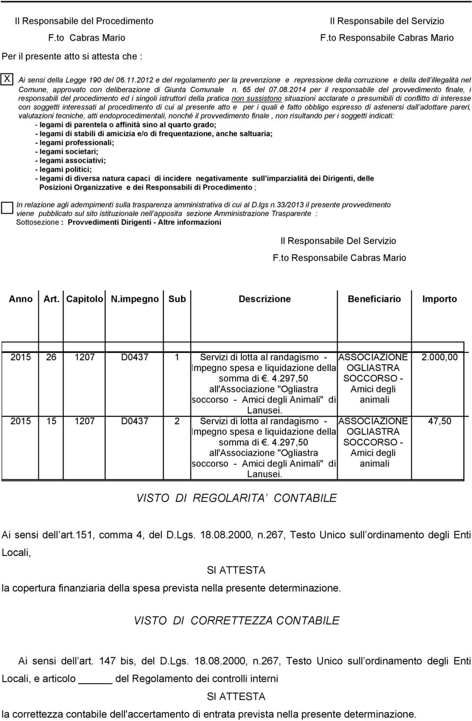 2014 per il responsabile del provvedimento finale, i responsabili del procedimento ed i singoli istruttori della pratica non sussistono situazioni acclarate o presumibili di conflitto di interesse