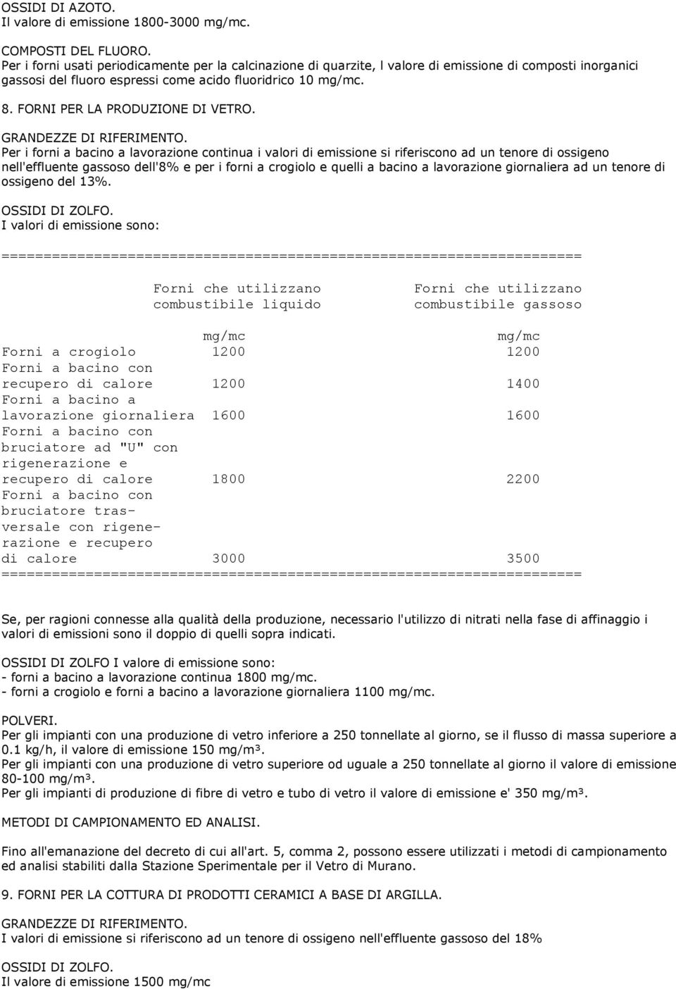 FORNI PER LA PRODUZIONE DI VETRO. GRANDEZZE DI RIFERIMENTO.