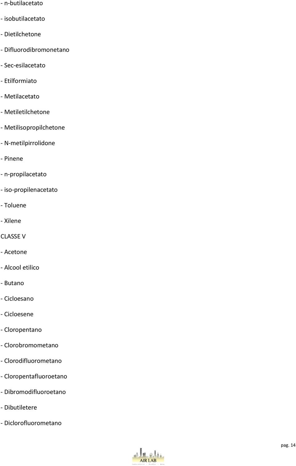 iso-propilenacetato - Toluene - Xilene CLASSE V - Acetone - Alcool etilico - Butano - Cicloesano - Cicloesene -