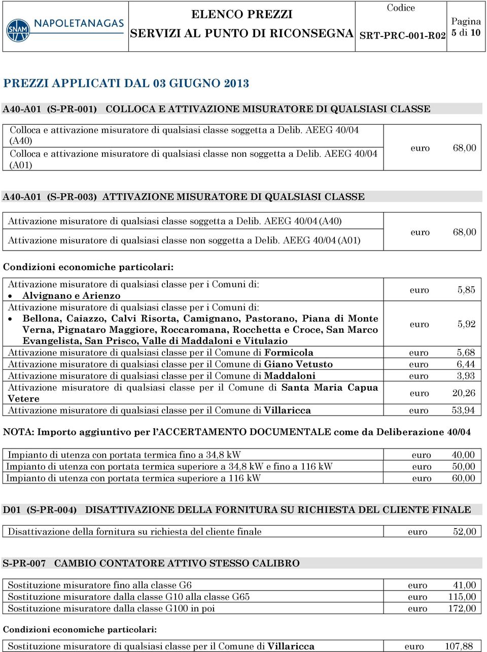 AEEG 40/04 (A01) euro 68,00 A40-A01 (S-PR-003) ATTIVAZIONE MISURATORE DI QUALSIASI CLASSE Attivazione misuratore di qualsiasi classe soggetta a Delib.