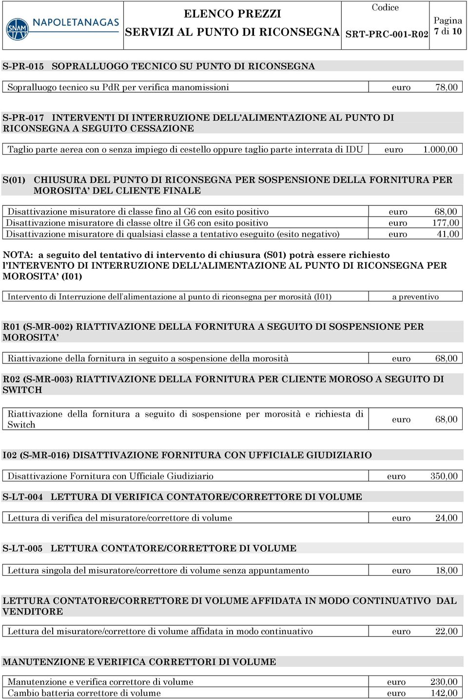 000,00 S(01) CHIUSURA DEL PUNTO DI RICONSEGNA PER SOSPENSIONE DELLA FORNITURA PER MOROSITA DEL CLIENTE FINALE Disattivazione misuratore di classe fino al G6 con esito positivo euro 68,00