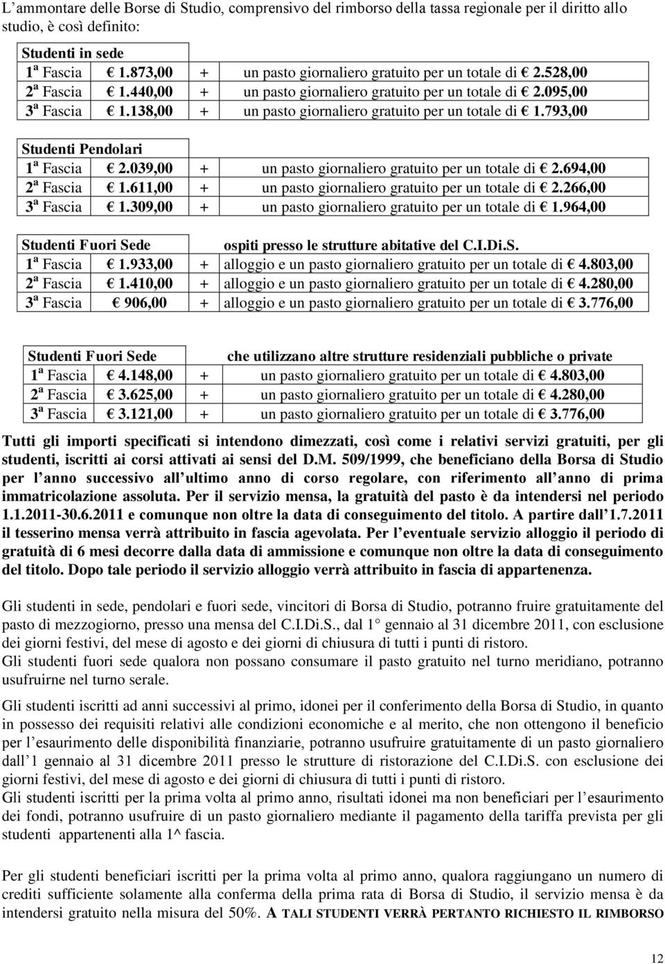 138,00 + un pasto giornaliero gratuito per un totale di 1.793,00 Studenti Pendolari 1 a Fascia 2.039,00 + un pasto giornaliero gratuito per un totale di 2.694,00 2 a Fascia 1.