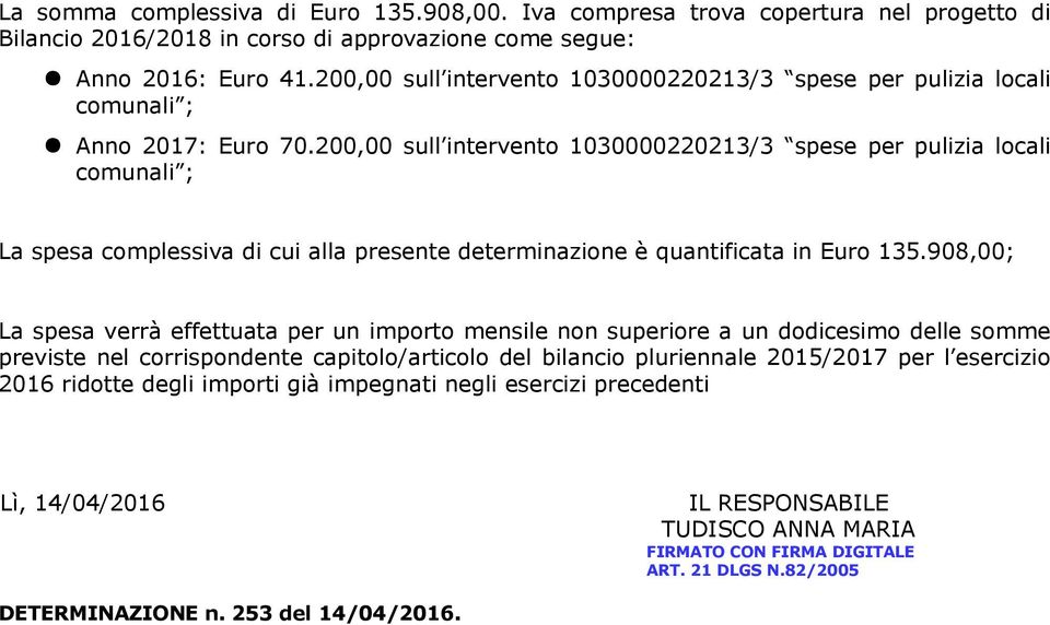 200,00 sull intervento 1030000220213/3 spese per pulizia locali comunali ; La spesa complessiva di cui alla presente determinazione è quantificata in Euro 135.