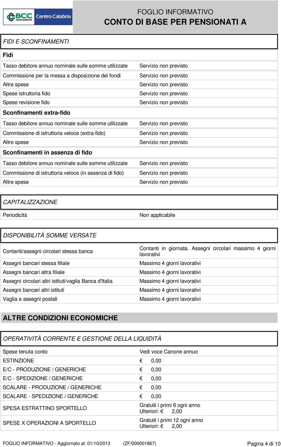 utilizzate Commissione di istruttoria veloce (in assenza di fido) Altre spese CAPITALIZZAZIONE Periodicità Non applicabile DISPONIBILITÀ SOMME VERSATE Contanti/assegni circolari stessa banca Assegni